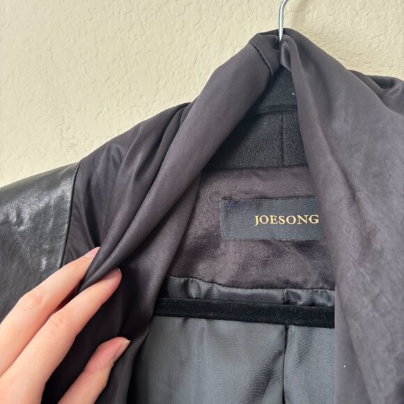 Leather Accented Satin Draped Mixed Media Modern Jacket - Picture 7 of 11